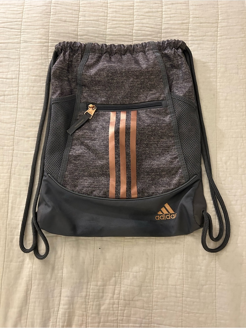 adidas Gray Drawstring Backpack with Rose Gold Stripes